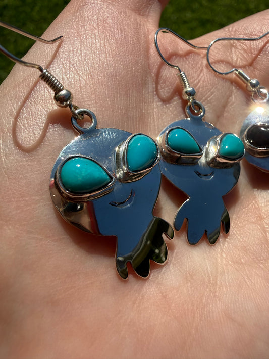 Navajo Turquoise Or Black Onyx Alien Sterling Silver Earrings