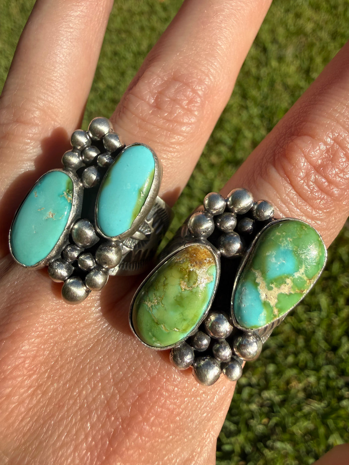 Navajo Sonoran Gold Turquoise Double Stone Ball Work Cluster Ring