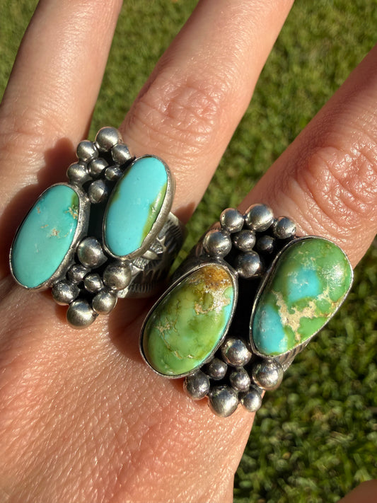 Navajo Sonoran Gold Turquoise Double Stone Ball Work Cluster Ring