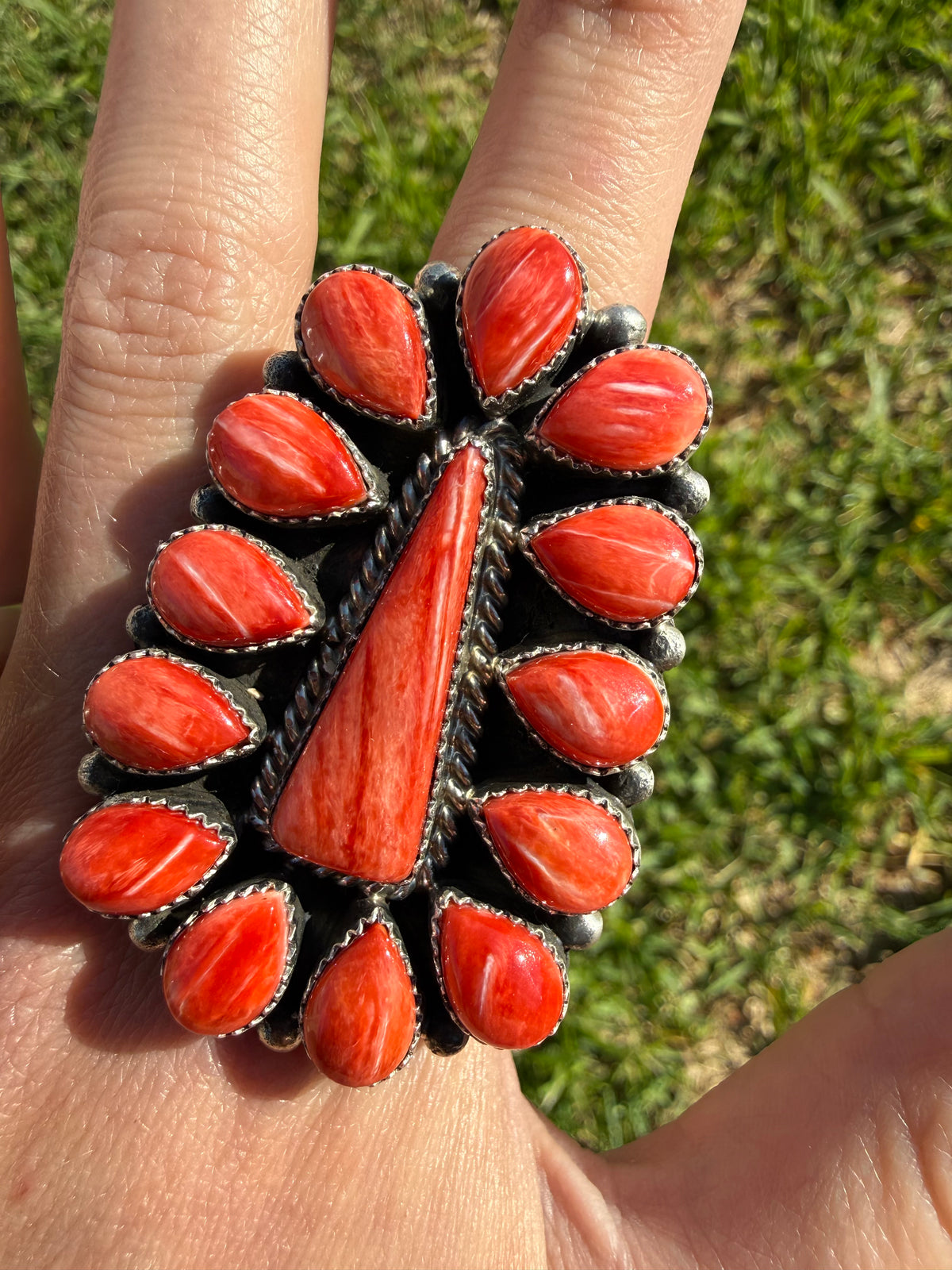 Navajo Red Spiny Big Statement Full Flower Cluster Sterling Silver Adjustable Ring