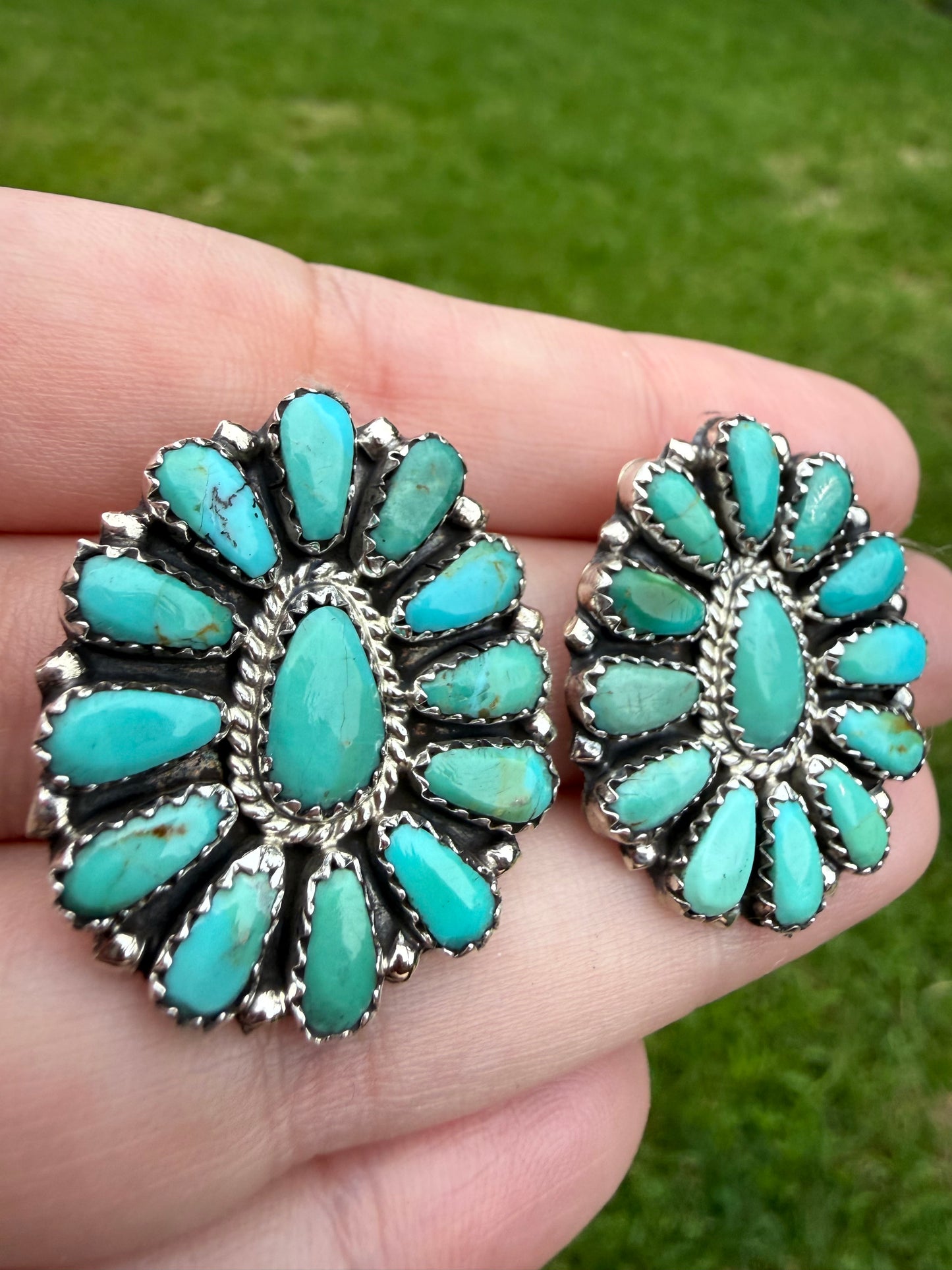 Native Turquoise Full Flower Sterling Silver Earrings