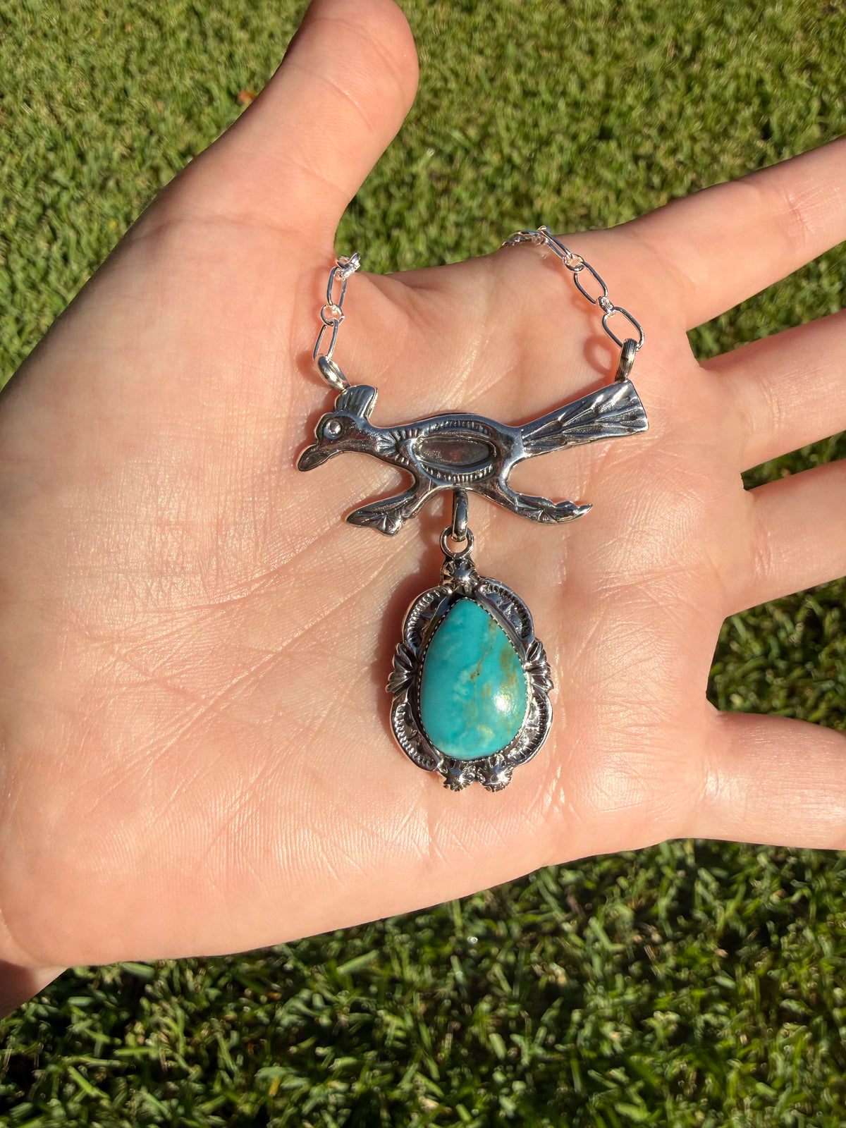 Navajo Roadrunner Turquoise Lariat Sterling Silver Necklace