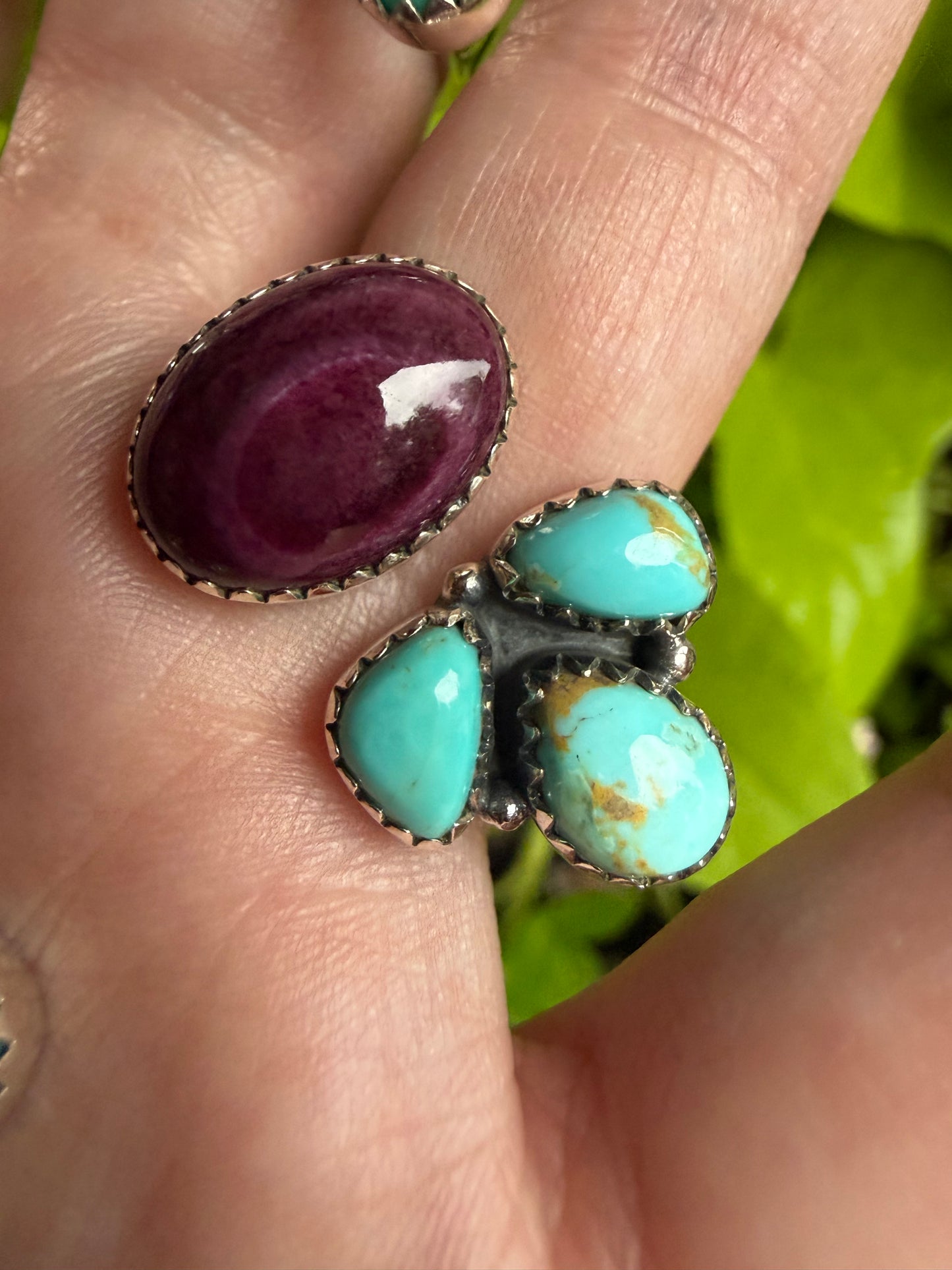 Kingman Turquoise and Purple Spiny Cluster Sterling Silver Ring or Necklace