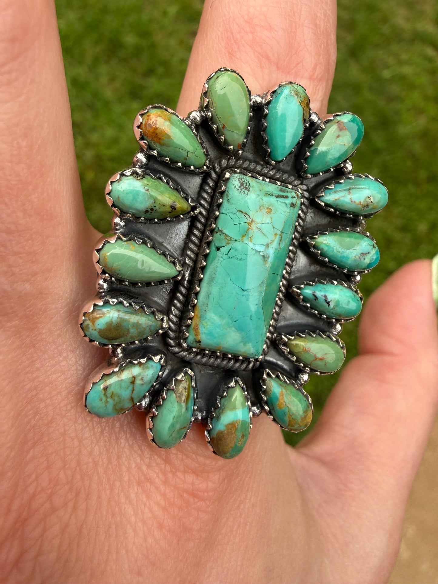 Kingman Turquoise Big Mama Full Cluster Sterling Silver Adjustable Ring