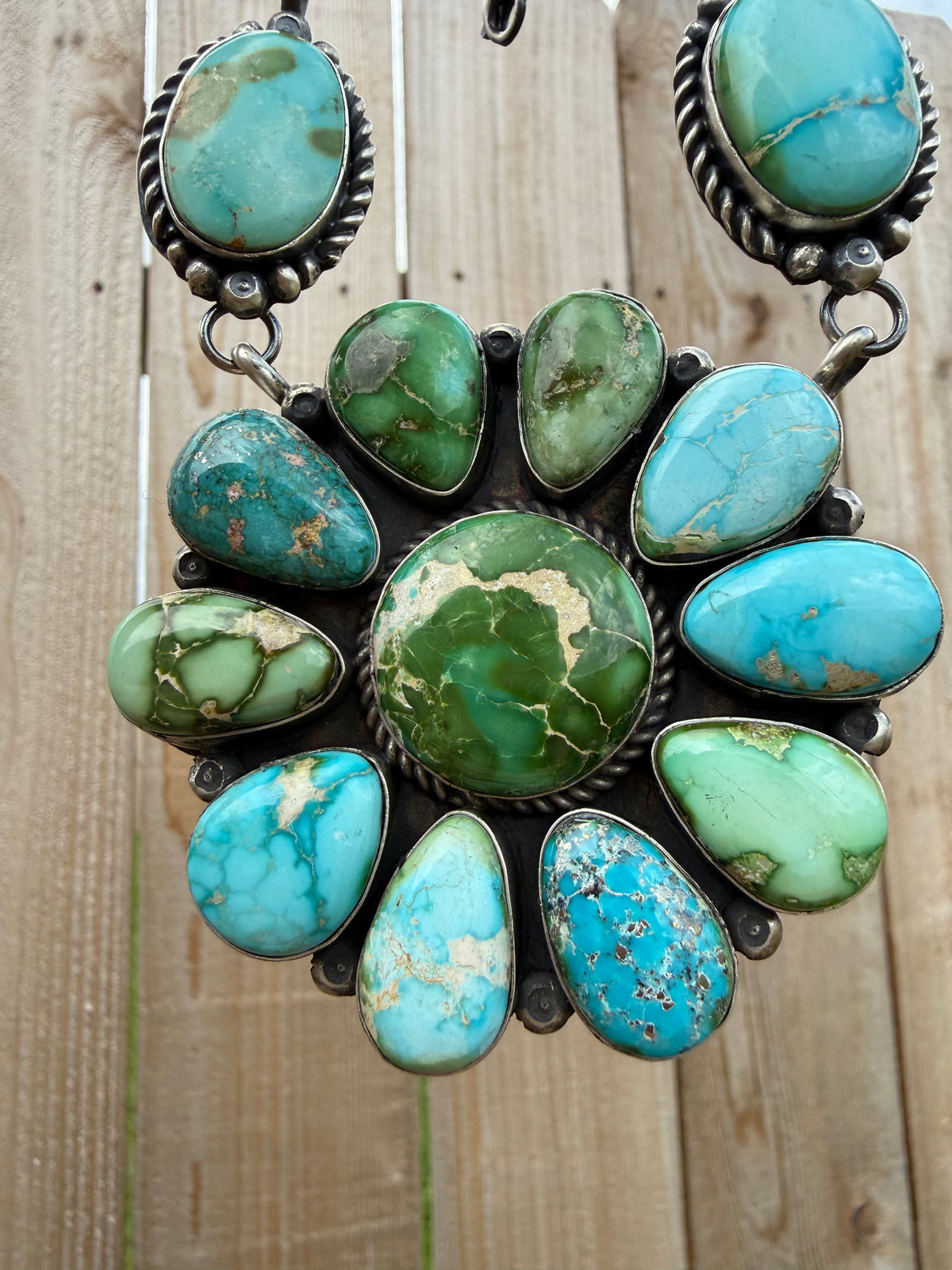 Navajo Sonoran Gold Turquoise Sterling Silver Full Flower Statement Necklace and Earrings