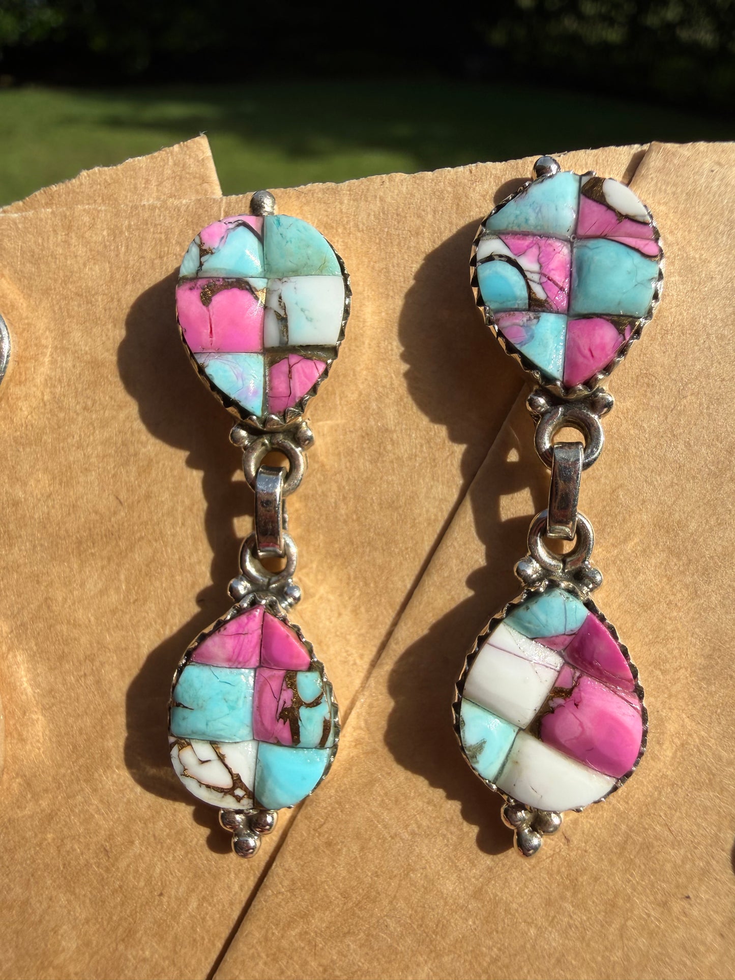 Cotton Candy Turquoise Cobblestone Sterling Silver Double Drop Earrings