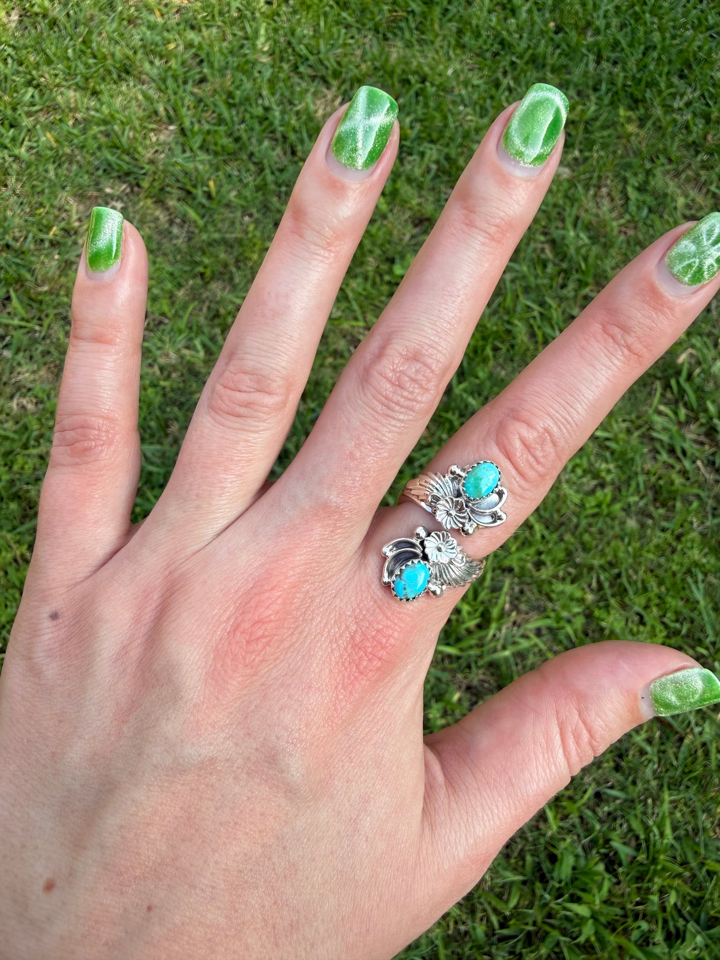 Native Turquoise Flower Floater Sterling Silver Ring