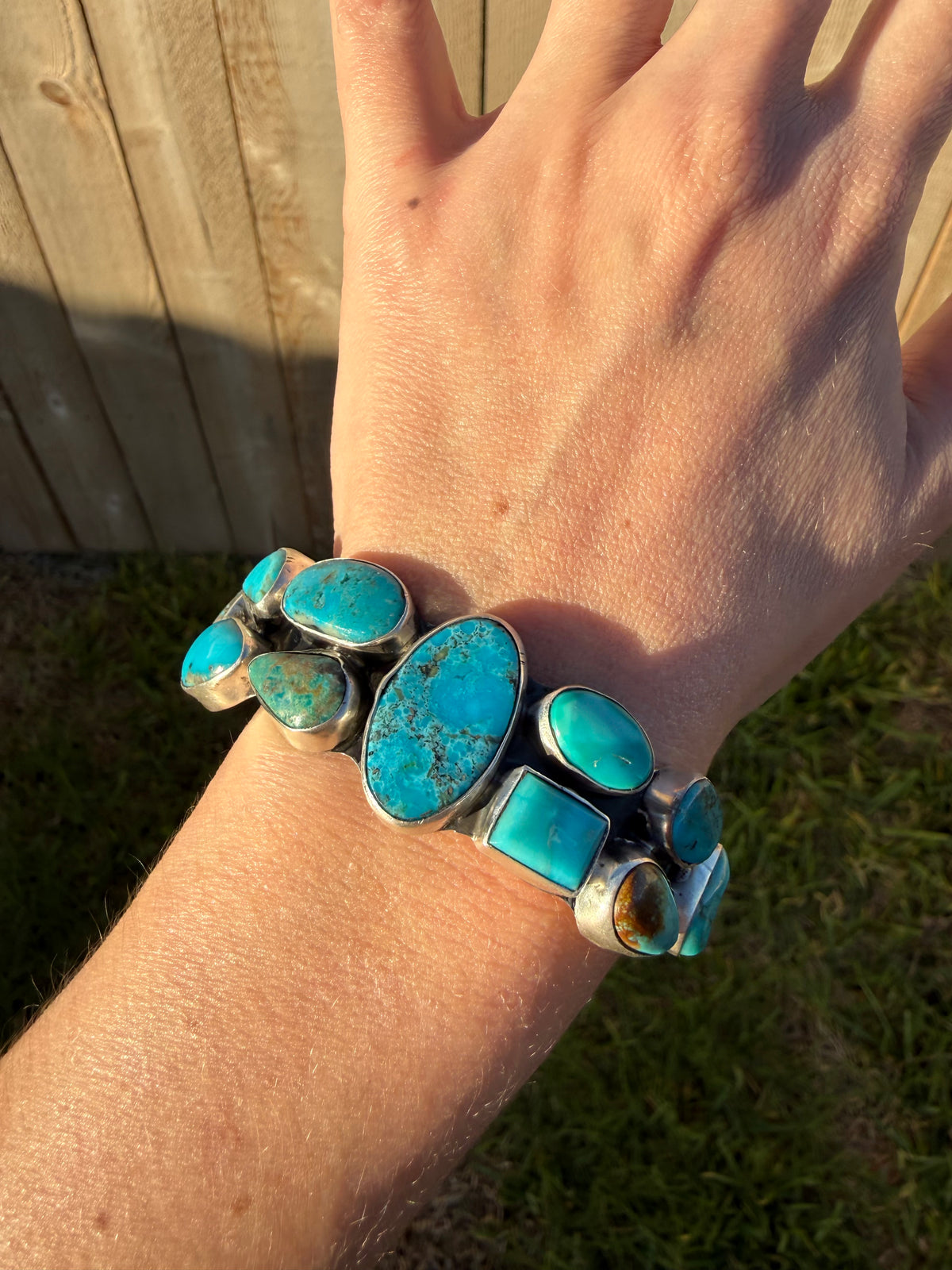 Navajo Turquoise Natural Stone Cluster Cuff Sterling Silver Bracelet
