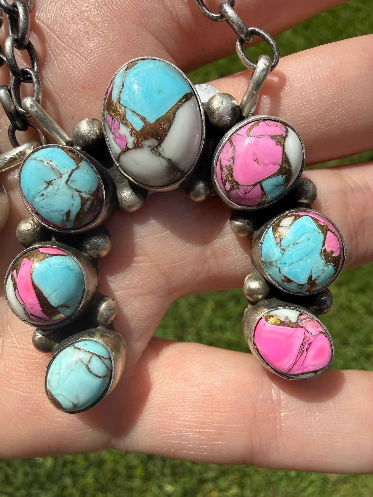 Navajo Mine 8 Turquoise or Cotton Candy Turquoise Naja Sterling Silver Necklace by Augustine Largo