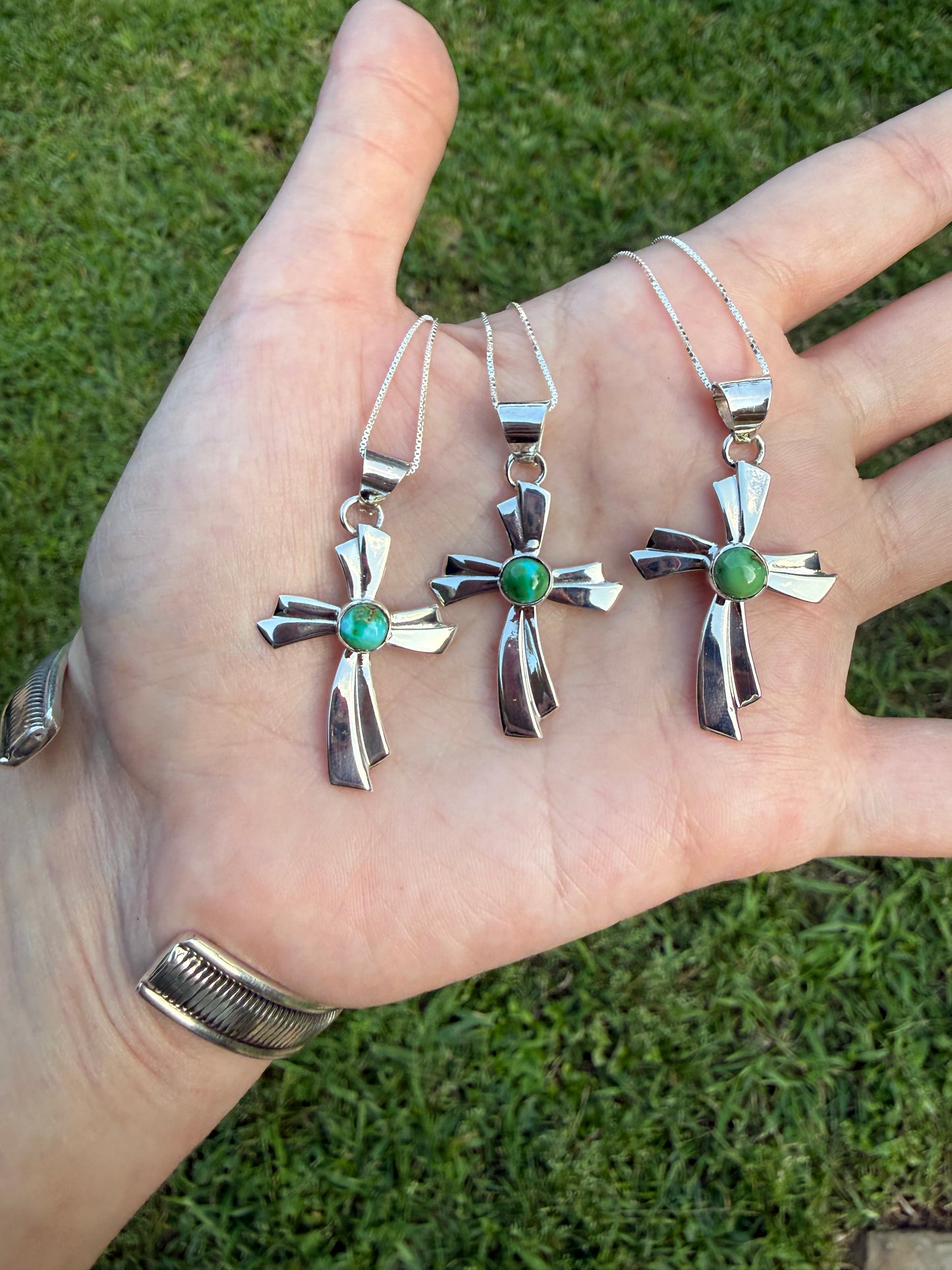 Navajo Sonoran Gold Turquoise Cross Sterling Silver Necklace by Jerold Francisco