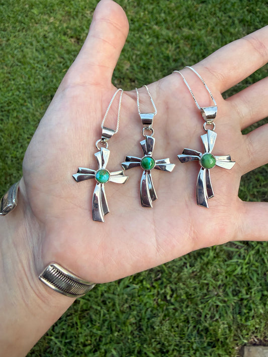 Navajo Sonoran Gold Turquoise Cross Sterling Silver Necklace by Jerold Francisco