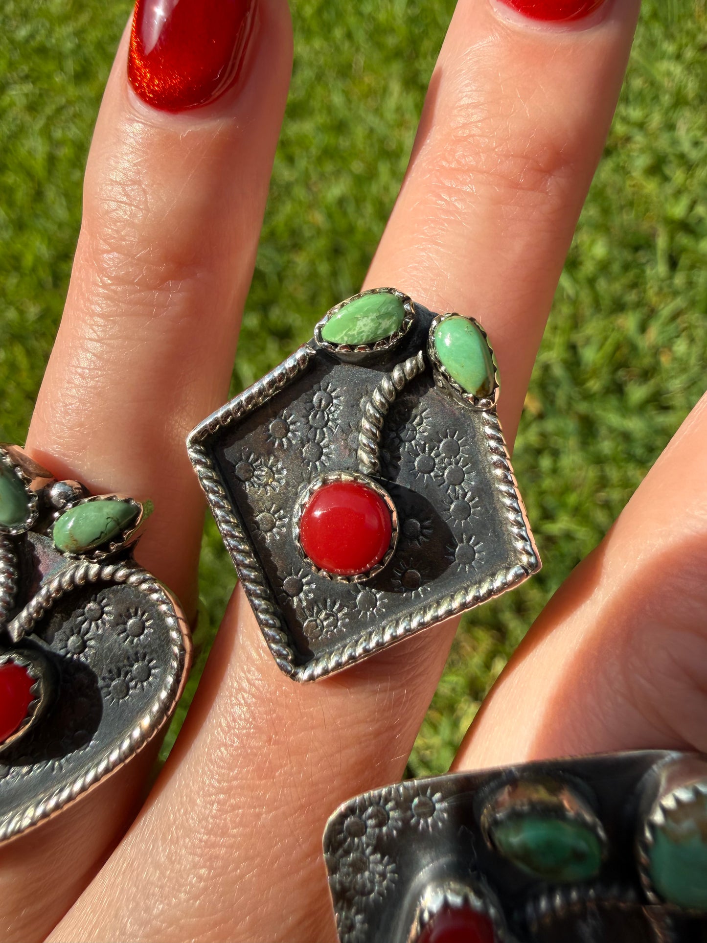 Kingman Turquoise and Red Rosarita Cherry Sterling Silver Adjustable Ring