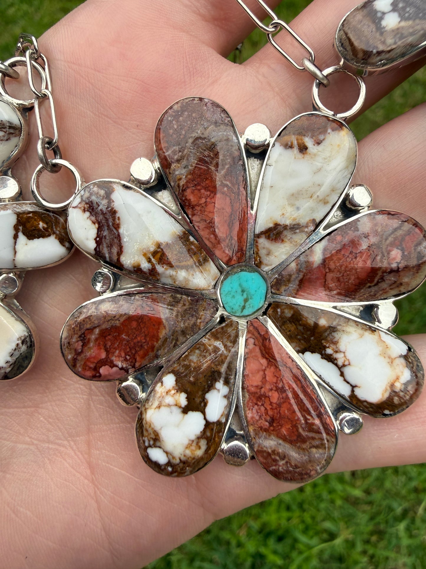 Native Zuni Wild Horse and Turquoise Inlay Full Flower Sterling Silver Necklace