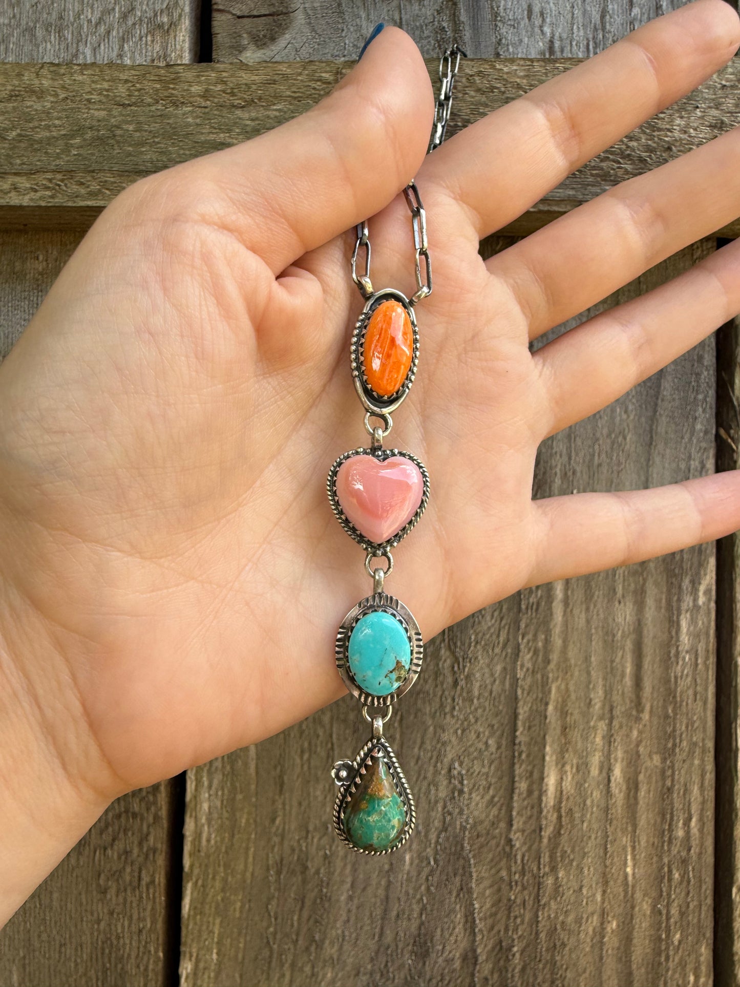 Multi Stone Orange spiny, pink Conch, Turquoise Sterling Silver Lariat