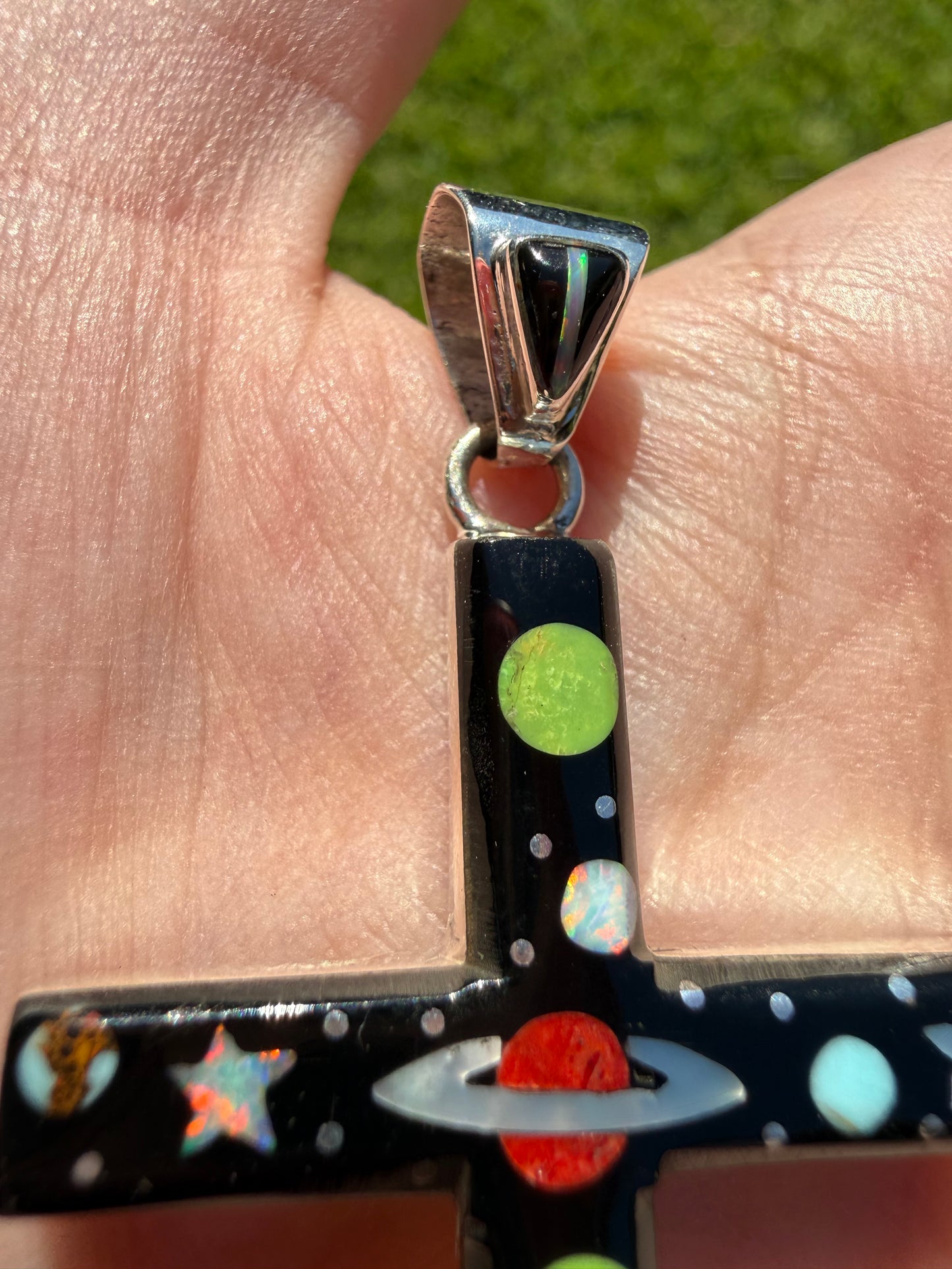 Space Multi Stone Inlayed Cross Sterling Silver Statement Pendant