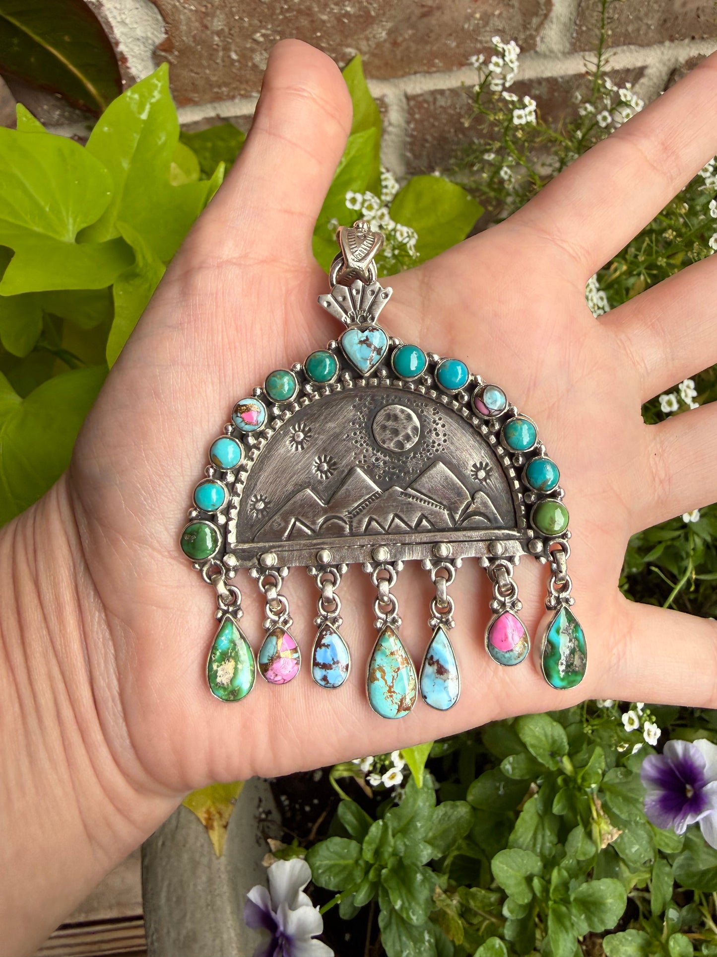 Mixed Turquoise Storyteller Landscape Moon and Mountain Scene Sterling Silver Statement Pendant