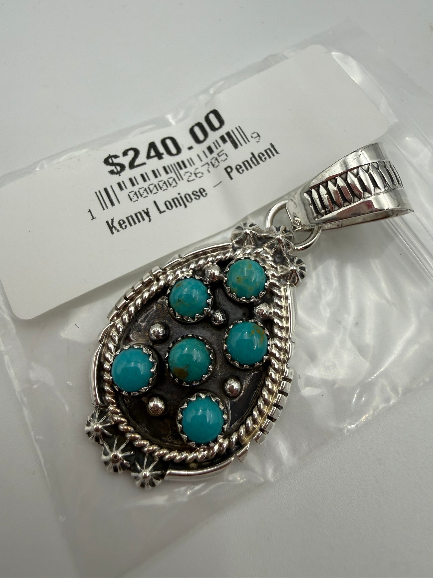 Native Turquoise Tear Drop Cluster Sterling Silver Pendant by Kenny Lonjose