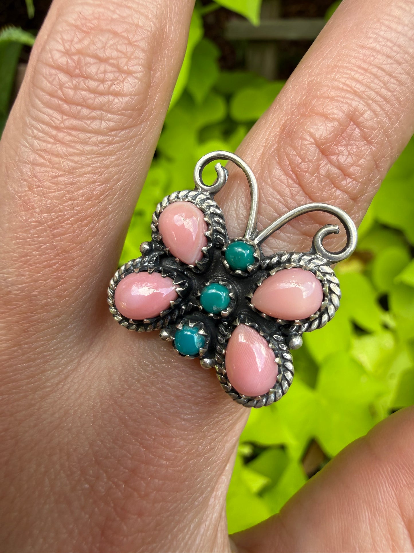Pink Conch And Turquoise Butterfly Sterling Silver Ring