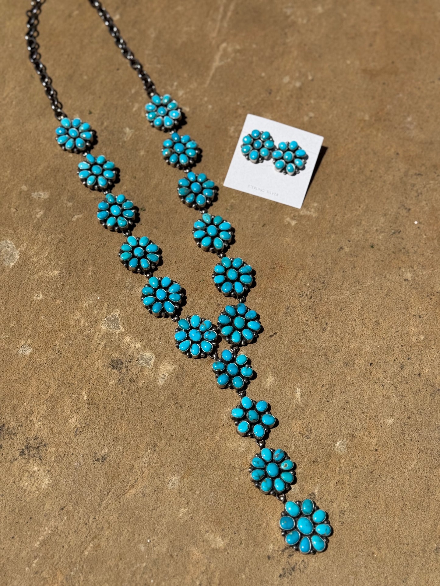 Navajo Full Flower Blue Ridge Turquoise Statement Lariat Necklace by Dave Skeets