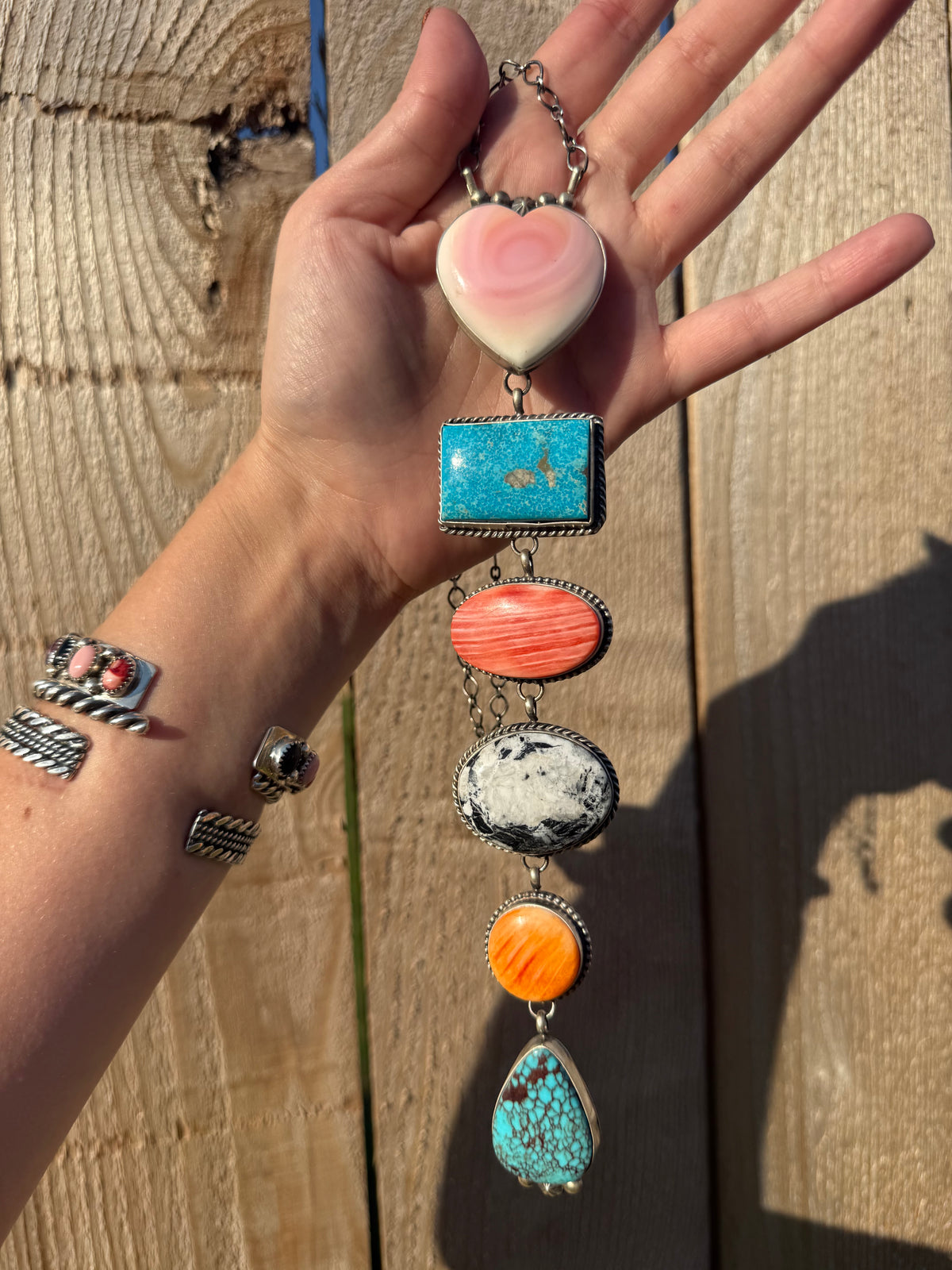 Navajo Big Statement Multi Stone Sterling Silver Lariat Necklace by Vicky Hicks