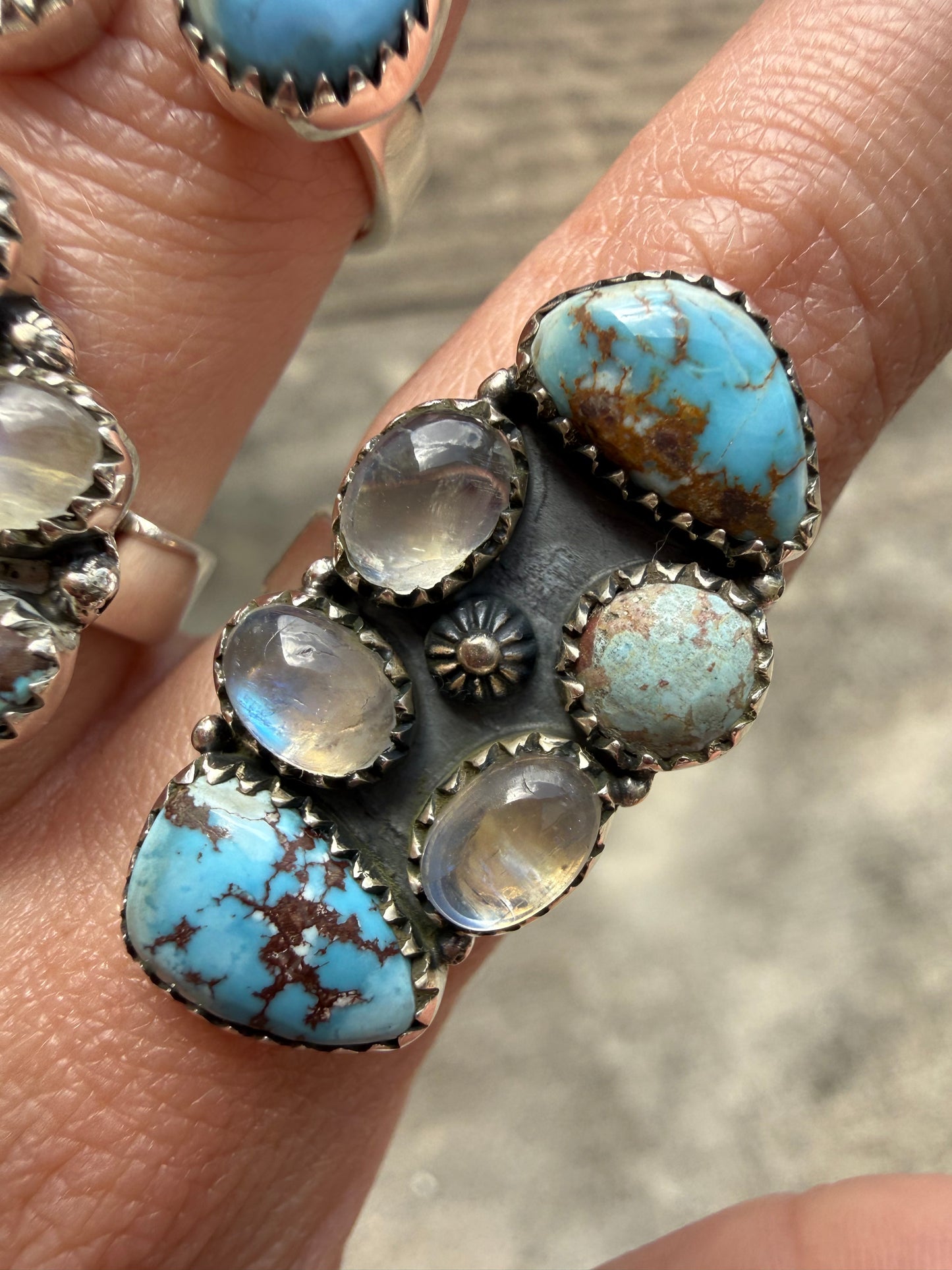 Rainbow Moonstone and Golden Hills Turquoise Adjustable Sterling Silver Ring
