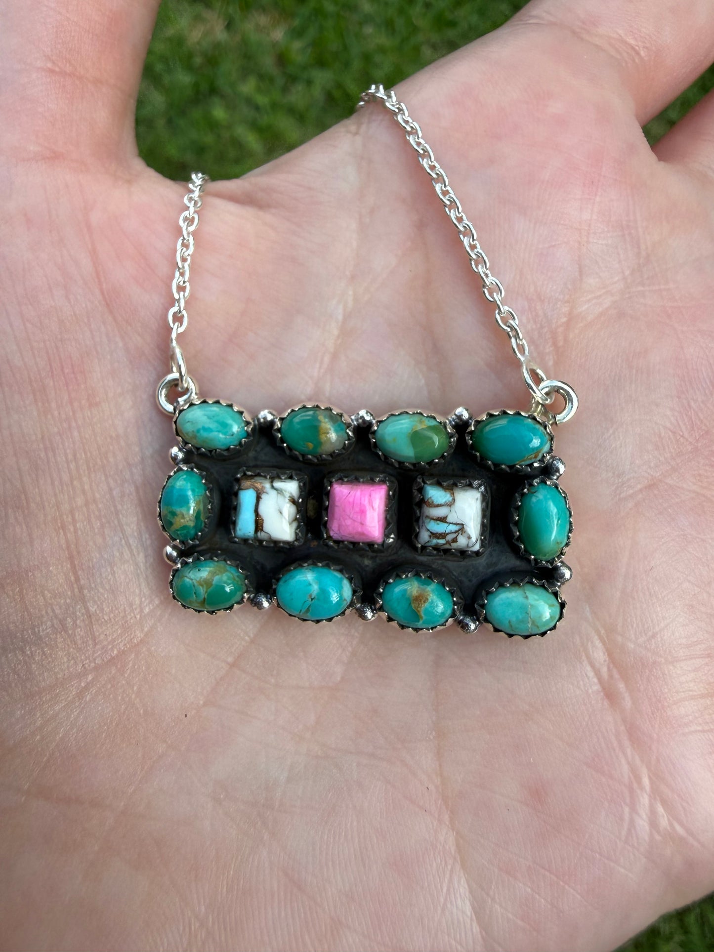 Kingman and Cotton Candy Turquoise Unique Bar Sterling Silver Necklace