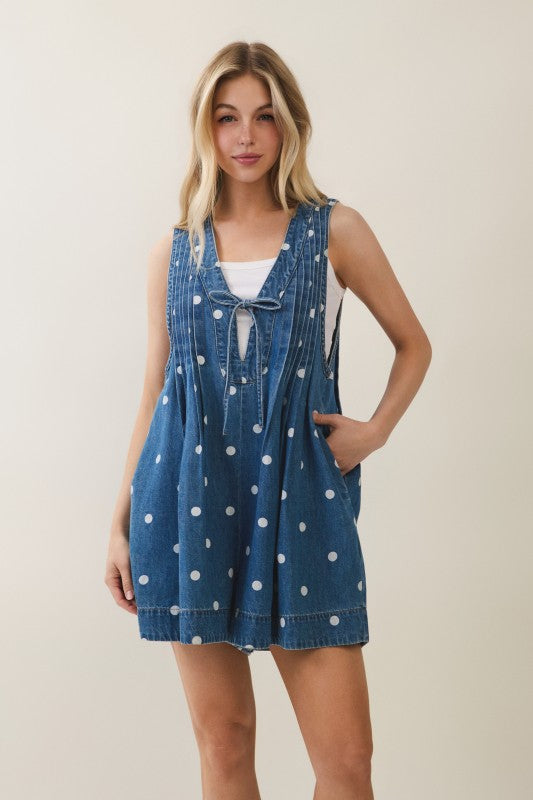 Lana Front Pleated V Neck Sleeveless Denim Romper - Polka Dot, Pink, Blue, Charcoal, Or Cheetah