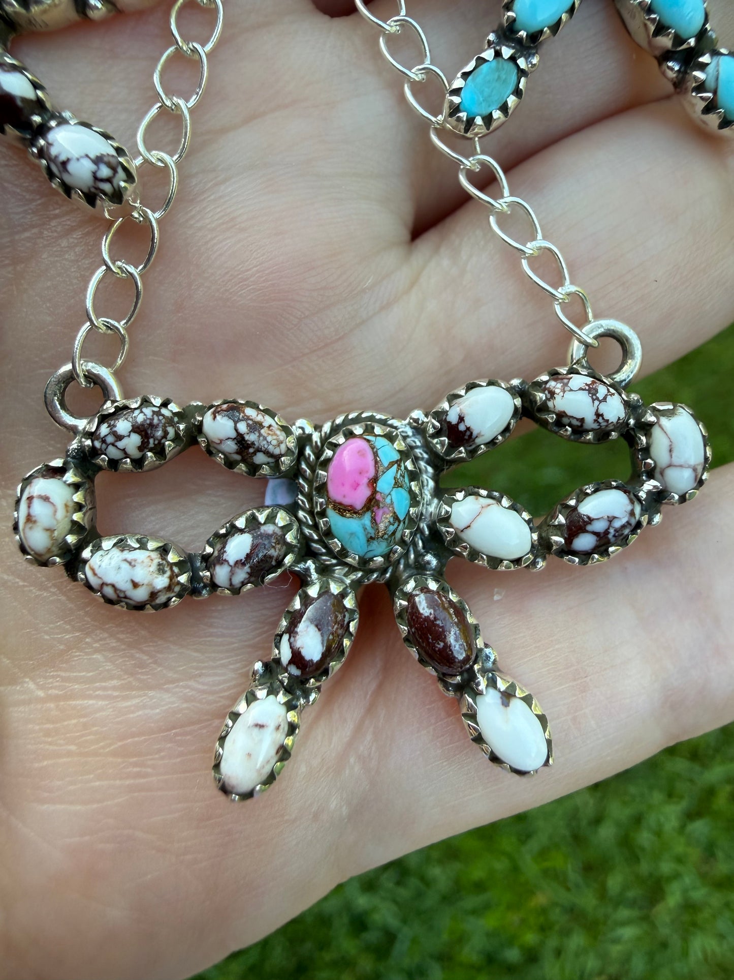Turquoise and Multi Stone Bow Sterling Silver Necklace