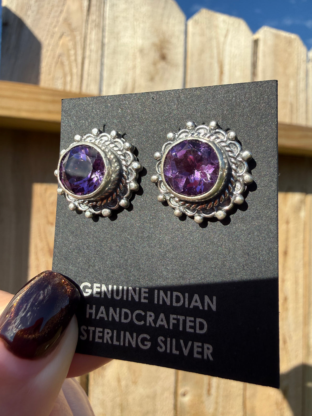 Navajo Amethyst Circle Detailed Bezel Sterling Silver Stud Earrings