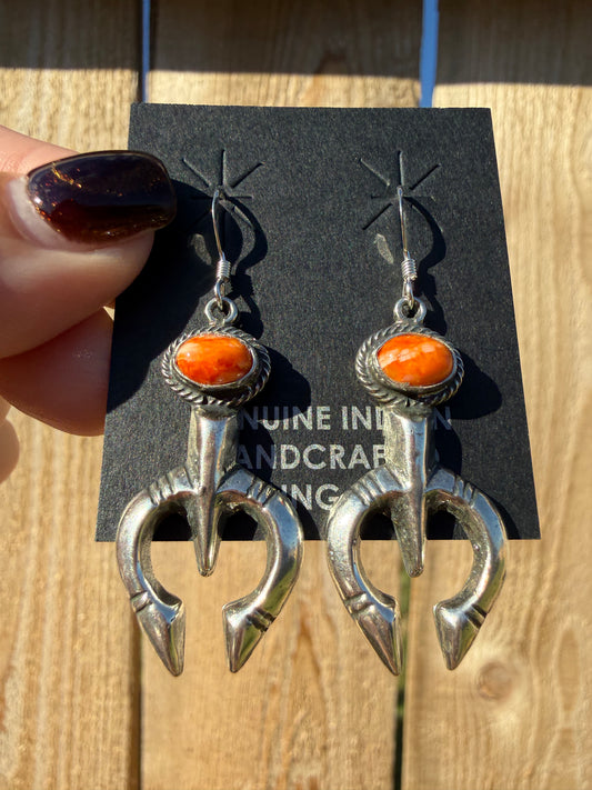 Navajo Orange Spiny Naja Sterling Silver Dangle Earrings