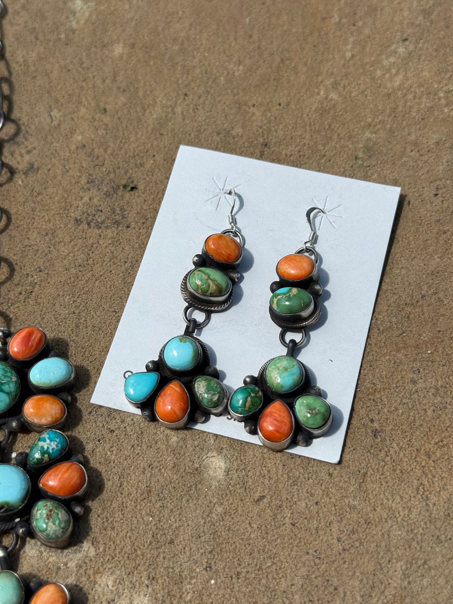 Navajo Rainbow Multi Stone Statement Flower Cluster Sterling Silver Necklace and Matching Earrings by John Skeets