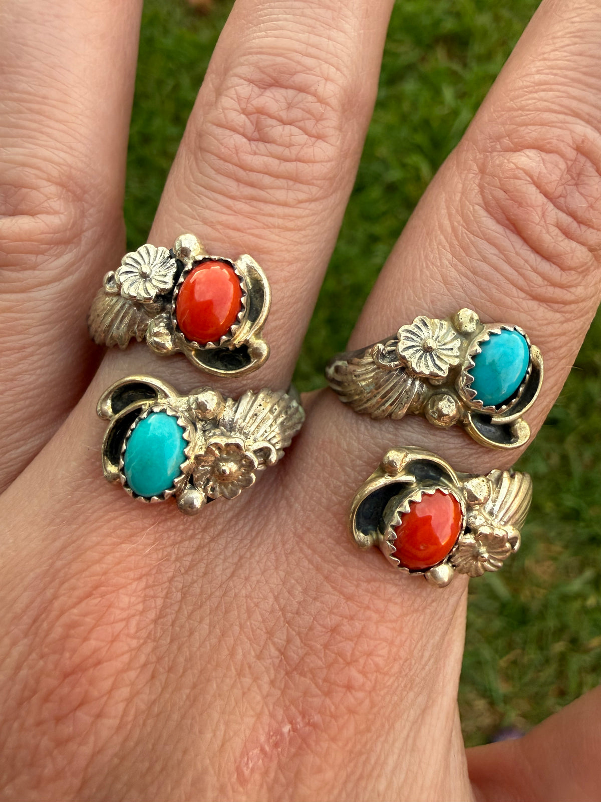 Navajo Coral and Turquoise Flower Accent Sterling Silver Floater Bypass Ring