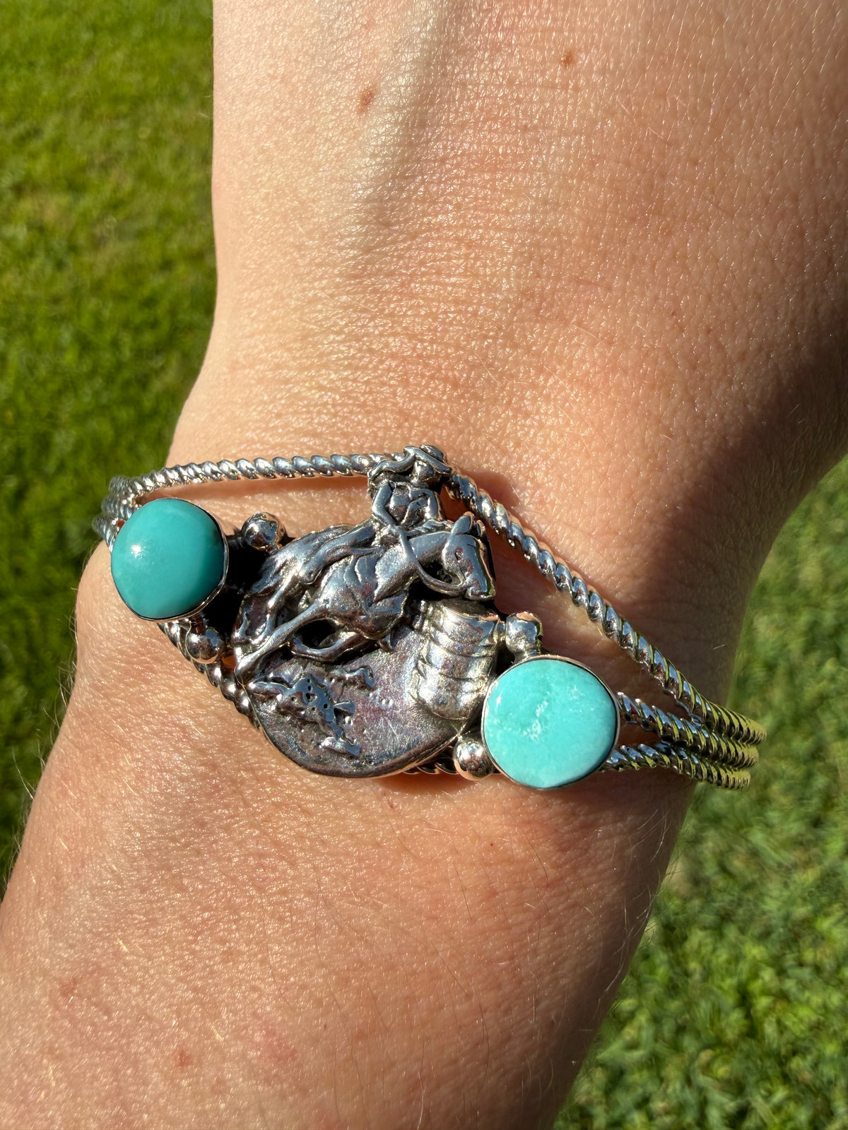 Navajo Turquoise Barrel Racer Horse Sterling Silver Cuff Bracelet