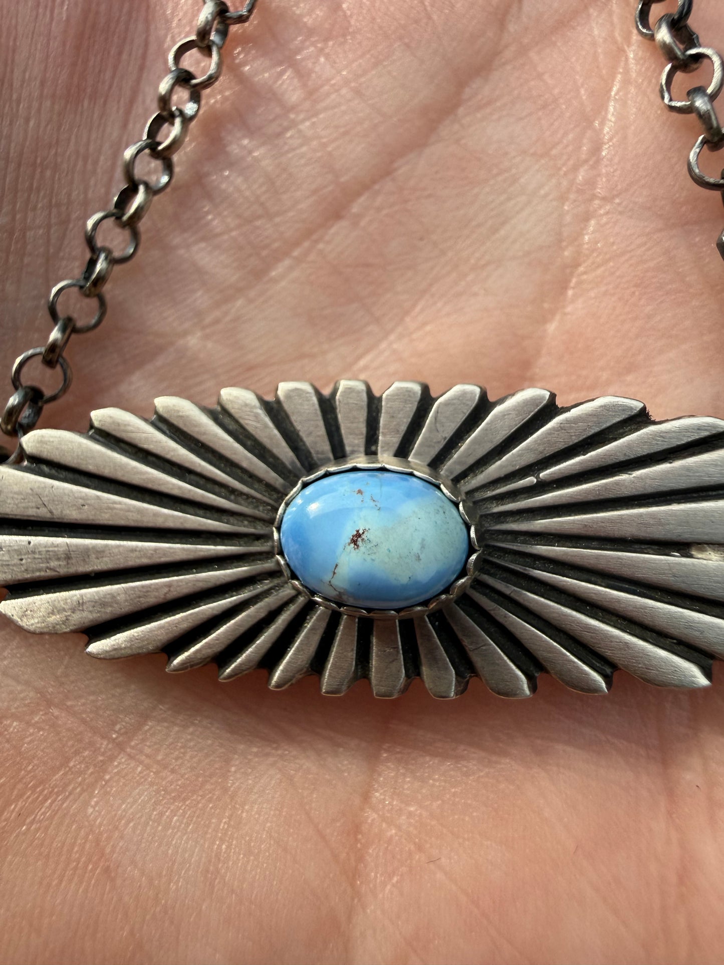 Native Golden Hills Turquoise Sun Beam Bar Style Sterling Silver Necklace by Leroy James