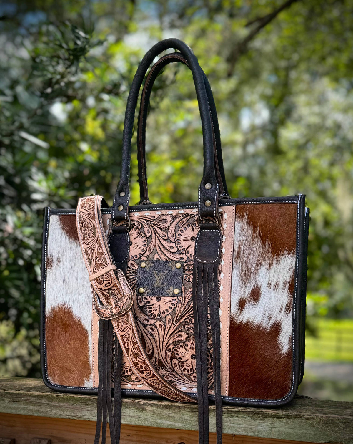 Upcycled LV Cowhide Tooled Leather Tote Crossbody Bag Laptop