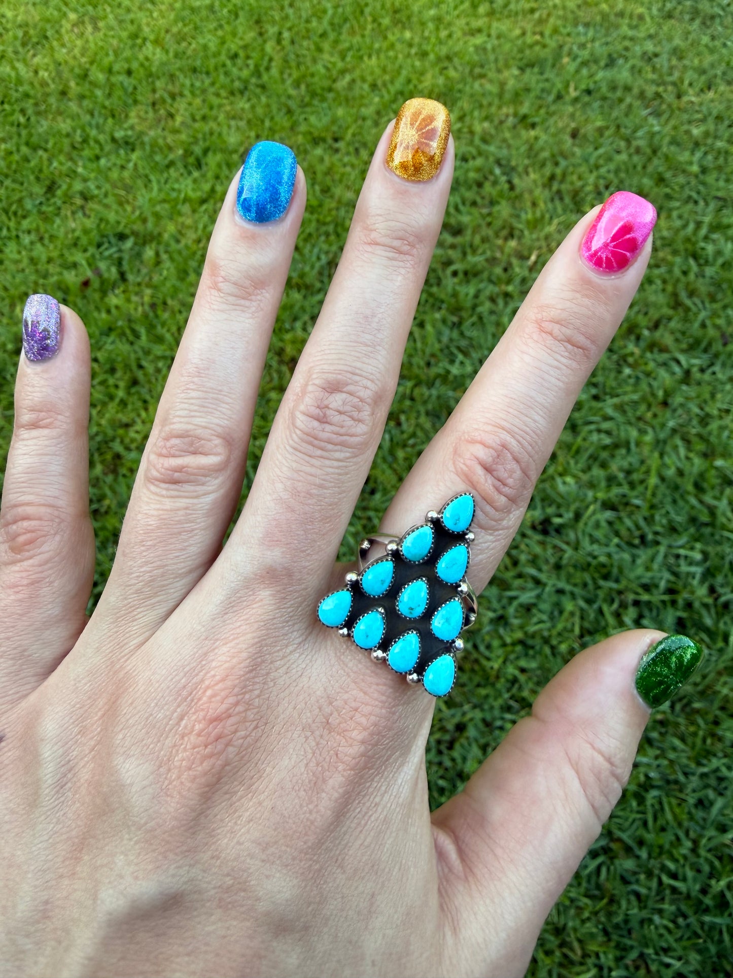Navajo Turquoise Triangle Cluster Sterling Silver Ring