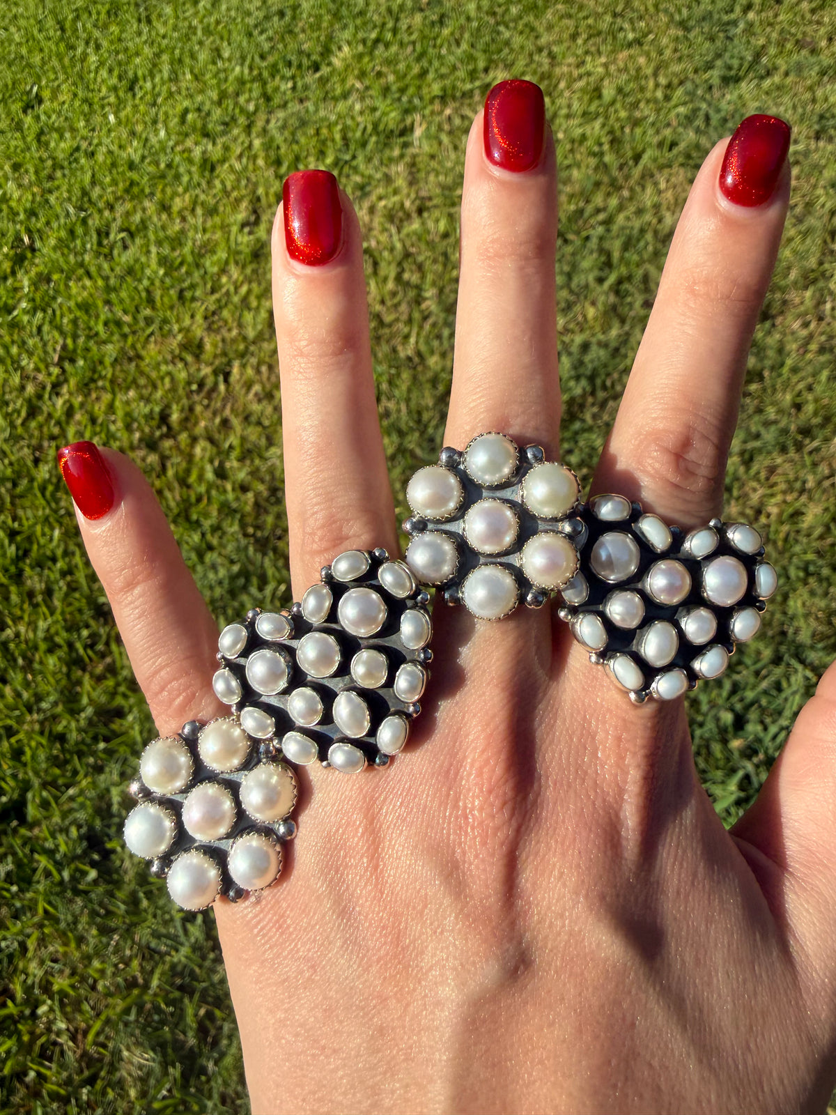 Navajo Mother of Pearl Heart or Round Cluster Sterling Silver Ring