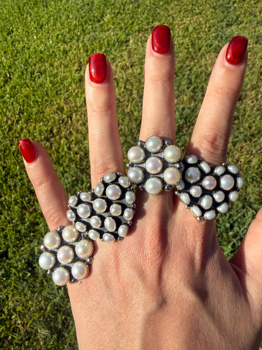 Navajo Mother of Pearl Heart or Round Cluster Sterling Silver Ring