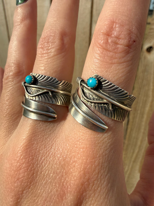 Navajo Single Turquoise Stone Feather Bypass Floater Sterling Silver Ring