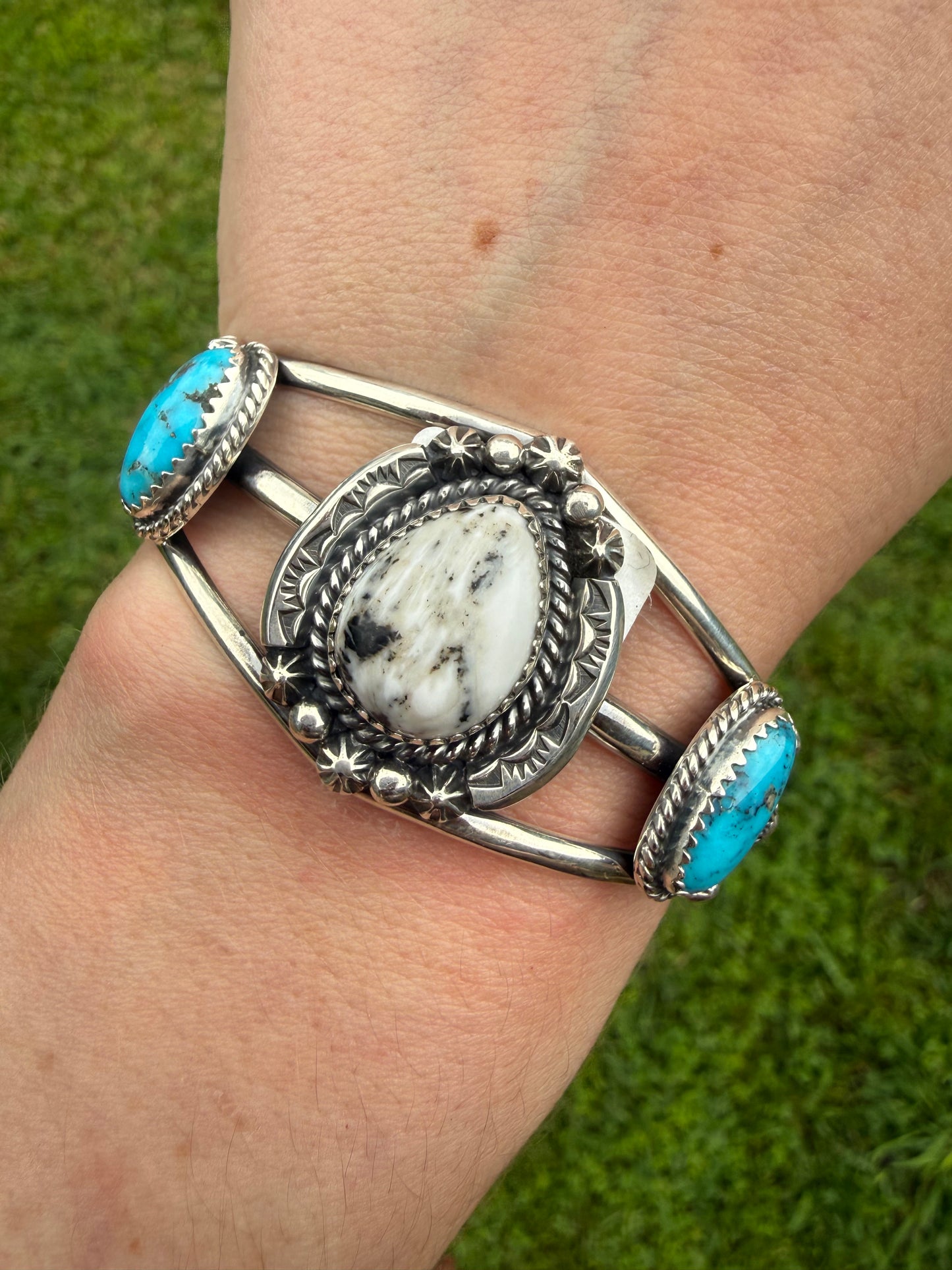 Navajo White Buffalo and Turquoise  Sterling Silver Cuff by Lorraine Yellowhair