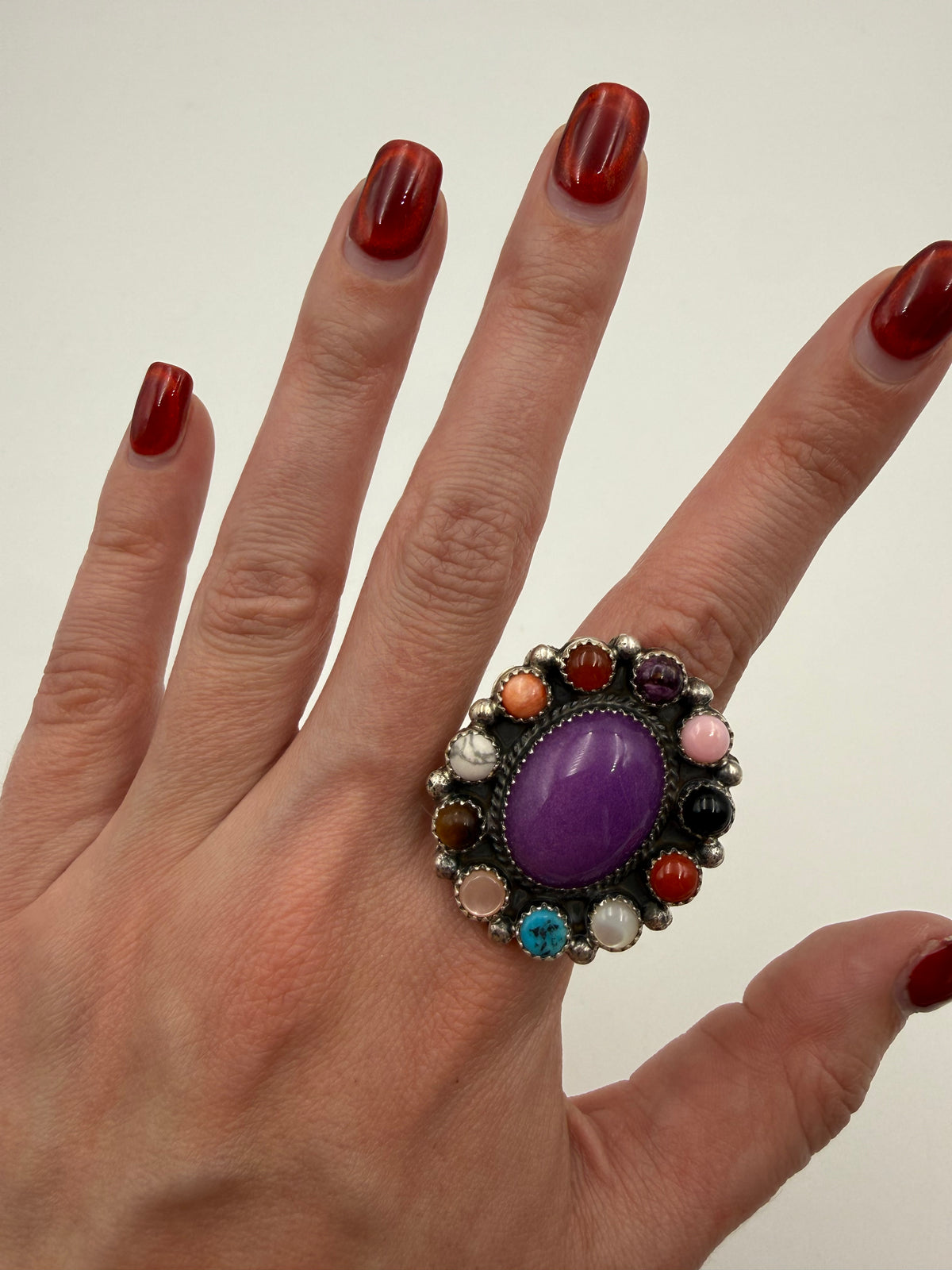 Navajo Multi Stone Full Flower Cluster Sterling Silver Ring - Size 8