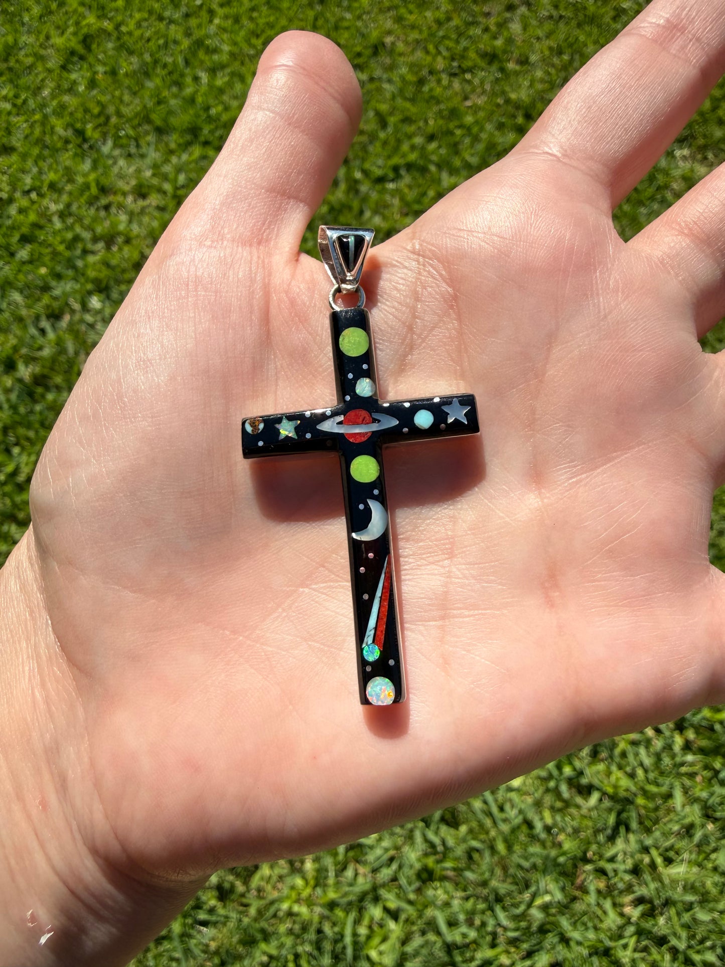 Space Multi Stone Inlayed Cross Sterling Silver Statement Pendant