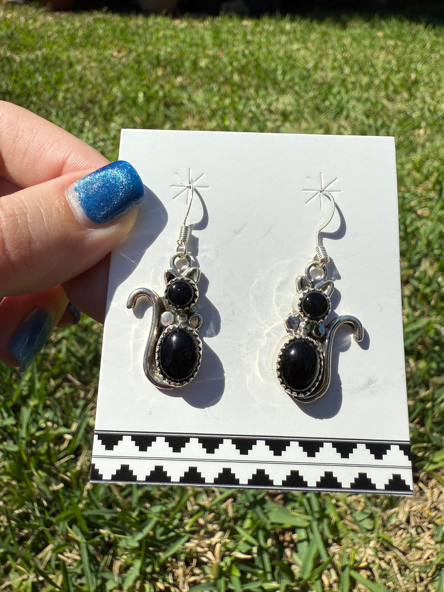 Navajo Black Onyx Cat Sterling Silver Dangle Earrings