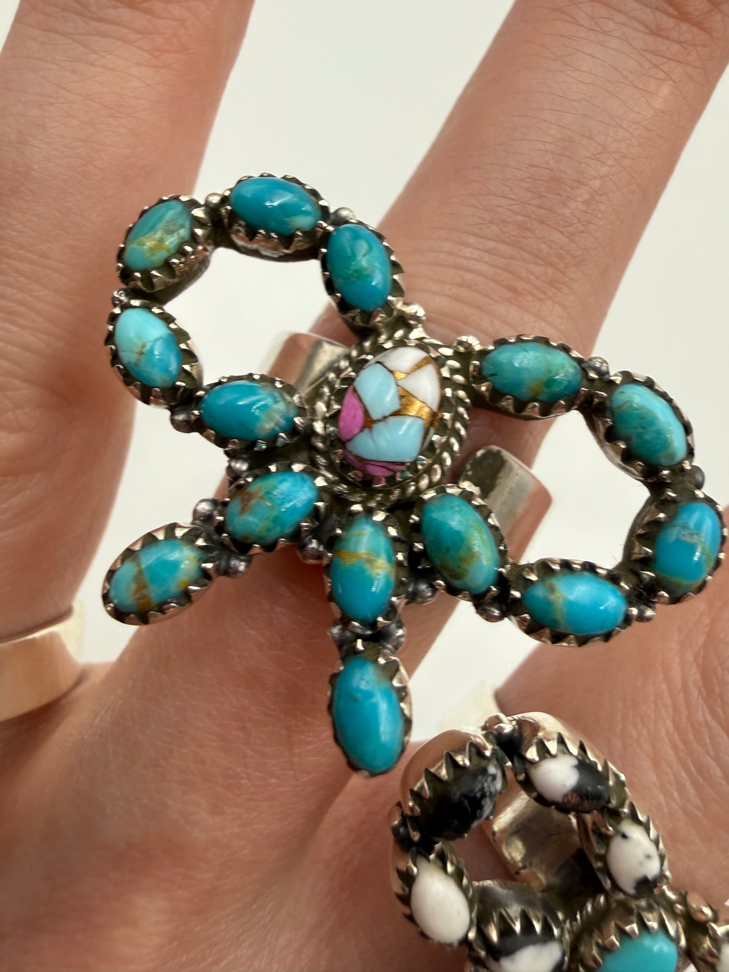 Turquoise and Multi Stone Bow Sterling Silver Adjustable Ring
