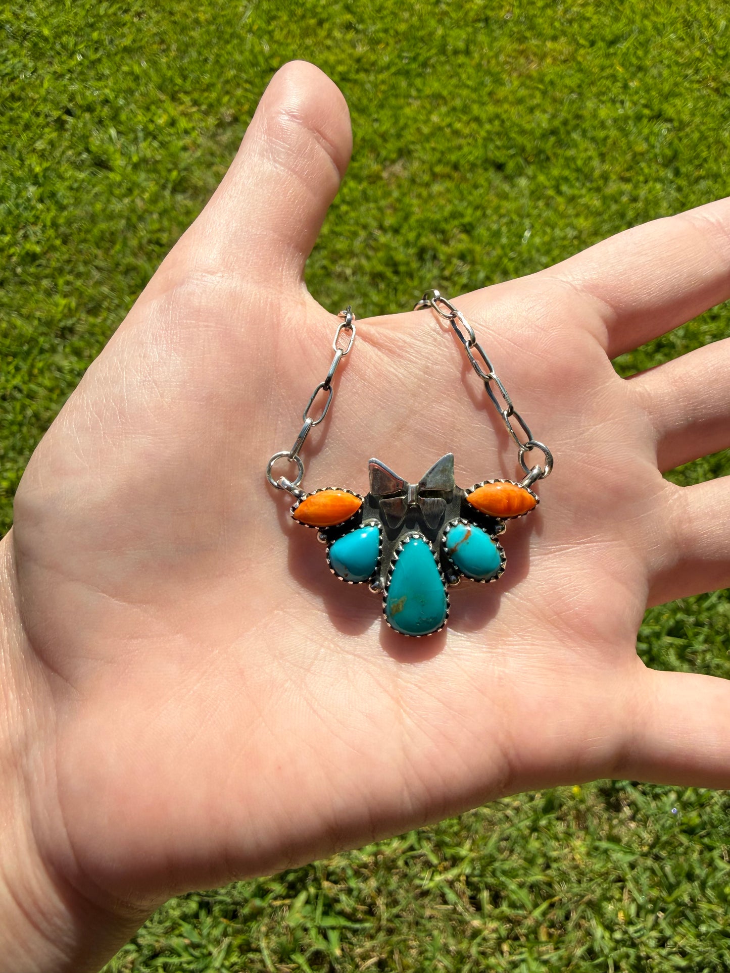 Turquoise and Orange Spiny Butterfly Half Flower Sterling Silver Necklace