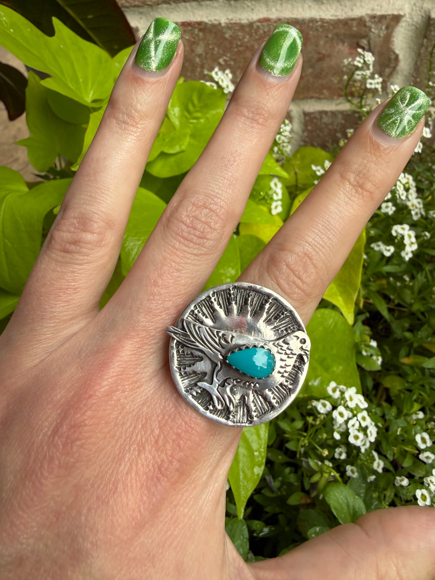Bird with Turquoise Coin Style Sterling Silver Ring - Size 7.5