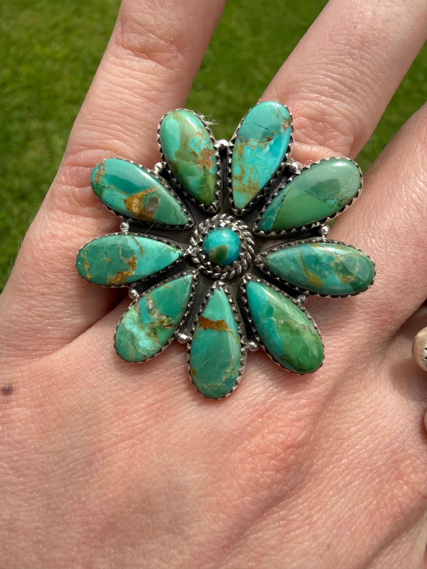 Kingman Turquoise Big Full Flower Sterling Silver Adjustable Ring