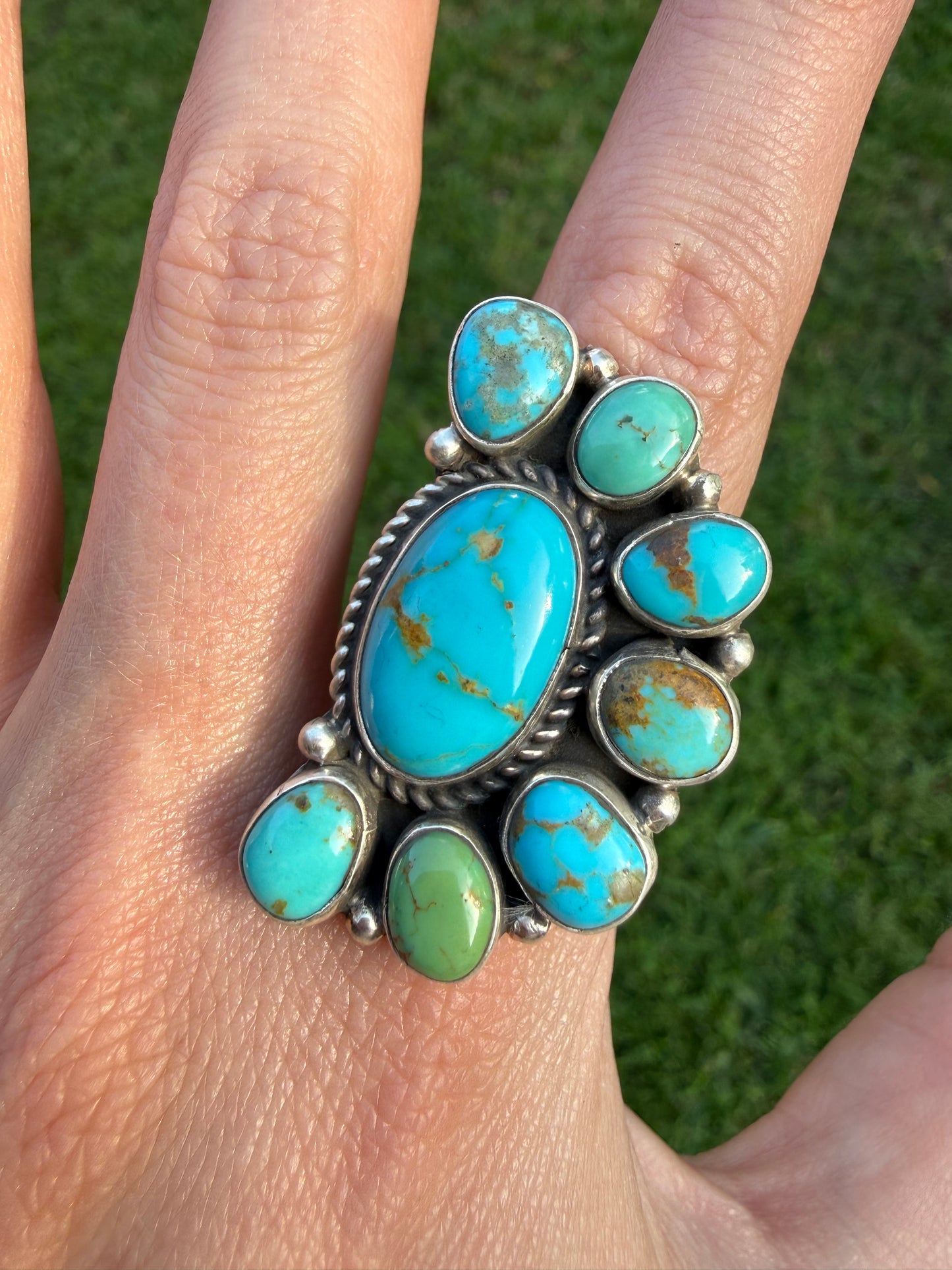Navajo Turquoise Half Flower Adjustable Sterling Silver Ring