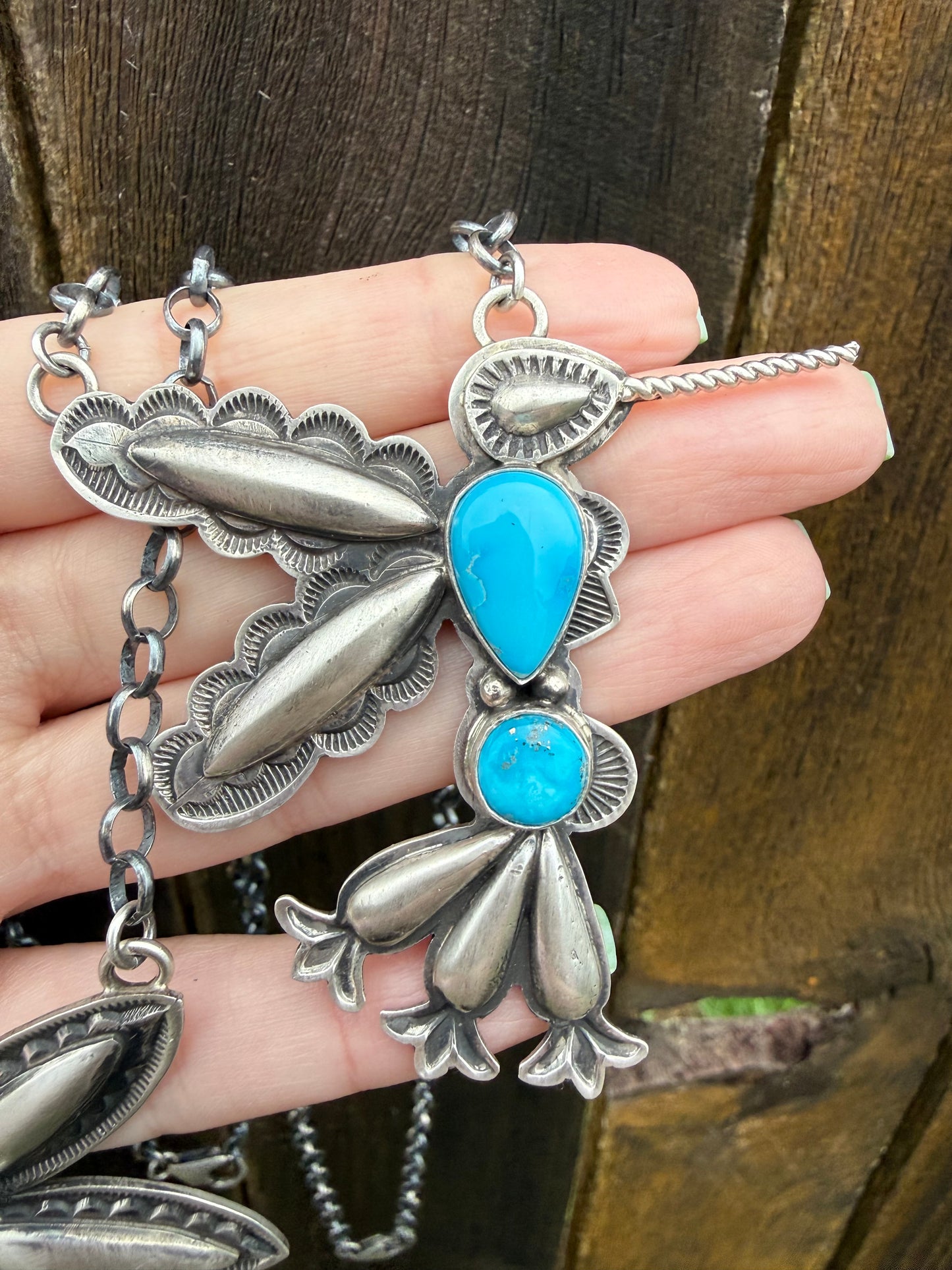 Navajo Turquoise Hummingbird Sterling Silver Necklace By Charles Johnson