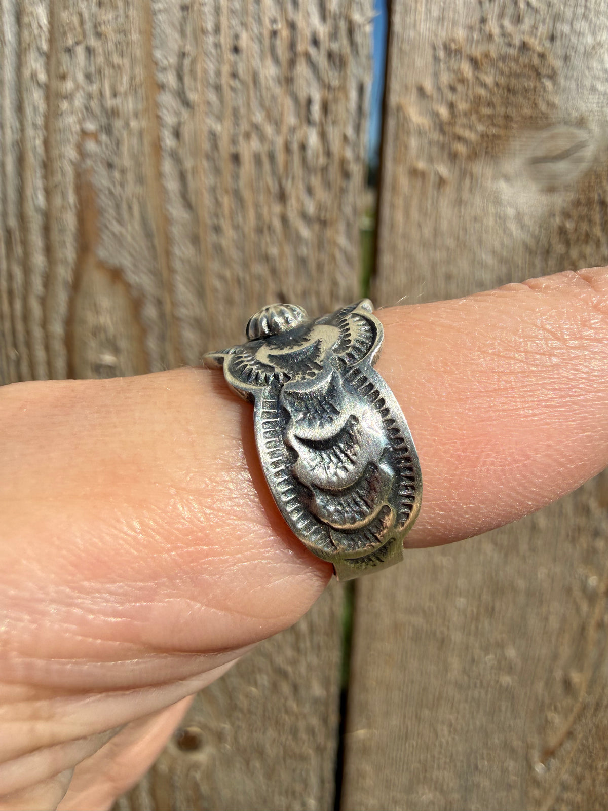 Navajo All Silver Cigar Band Sterling Silver Peyote Button Ring